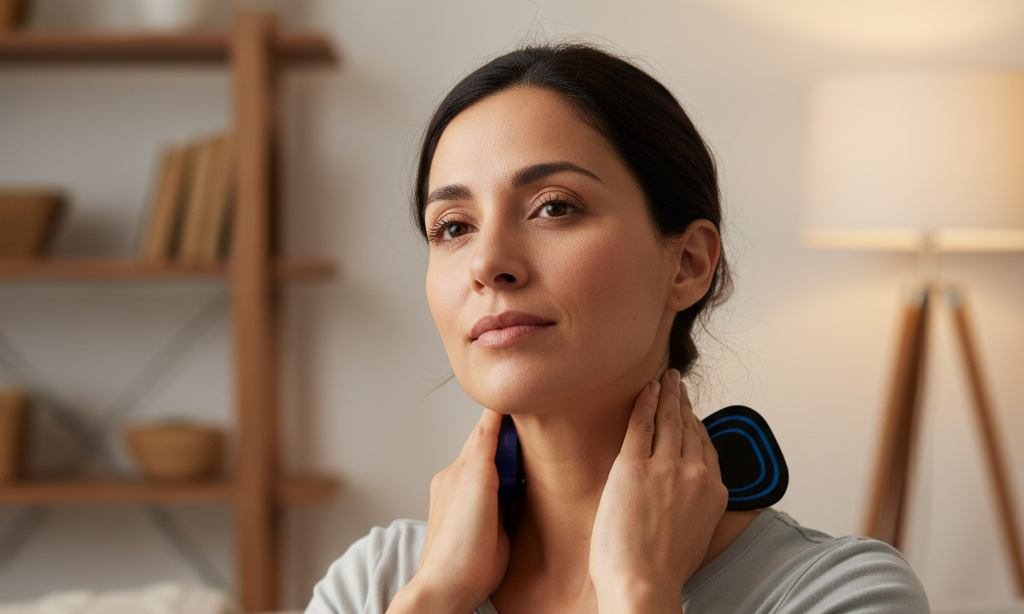 Mujer usando el masajeador cervical EMS